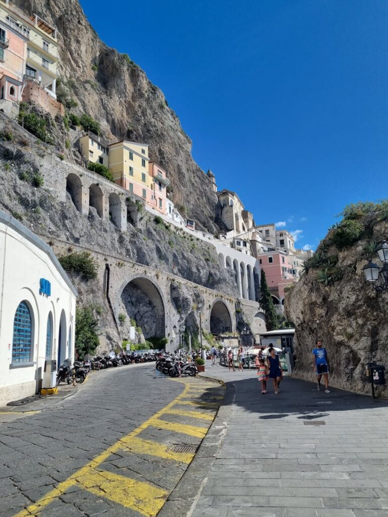 Beautiful street scene of Atrani, Italy, getting around the Amalfi Coast.