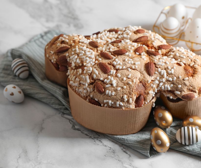 Colomba Pasquale Original Easter, Italian, dessert with almonds and sugar